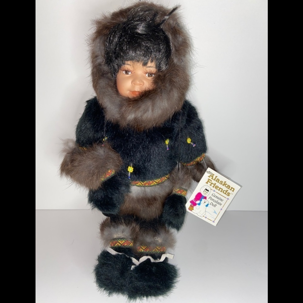 Alaskan Friends Genuine Porcelain Doll 12 “ Tall with Black Brown Fur Outfit.